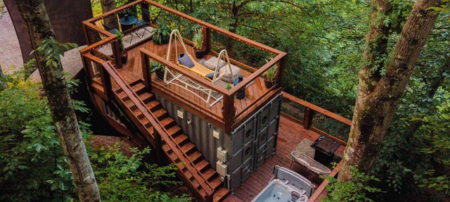 Tiny Container Home Retreat with Hot Tub, Fire Table, Dining Area, and Views! in Todd